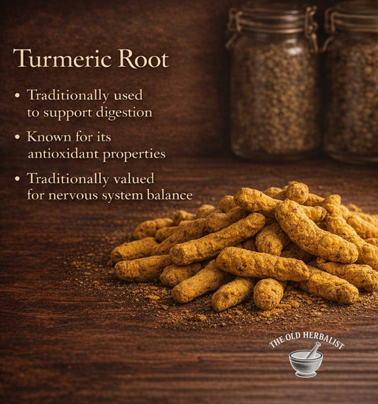 Turmeric root on a wooden surface with text about its uses and The Old Herbalist logo.
