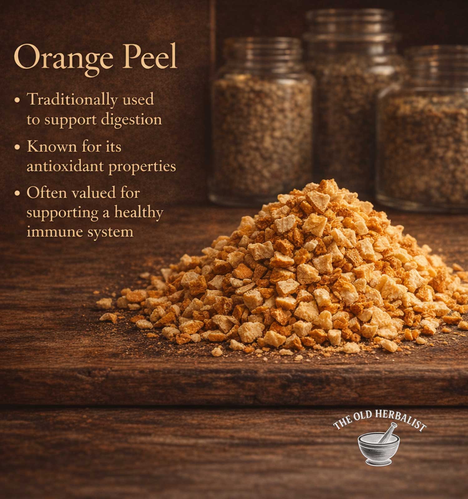 Dried orange peel on a wooden surface with text about its health benefits and The Old Herbalist logo.