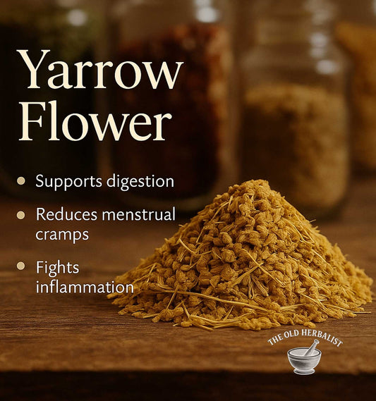 Yarrow flower on a wooden surface with text about its benefits and The Old Herbalist logo.