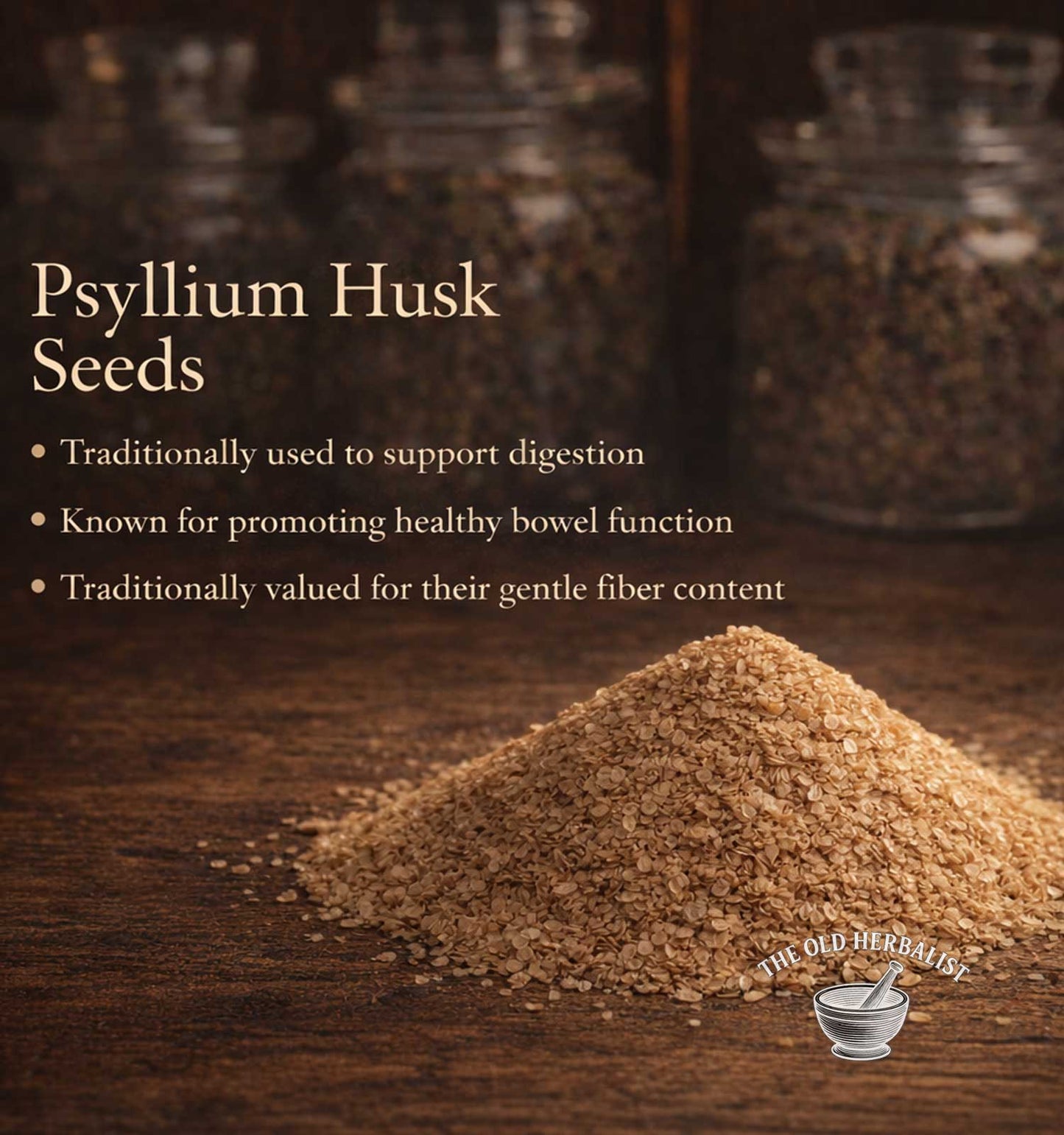 Psyllium husk seeds on a wooden surface with text about their uses.