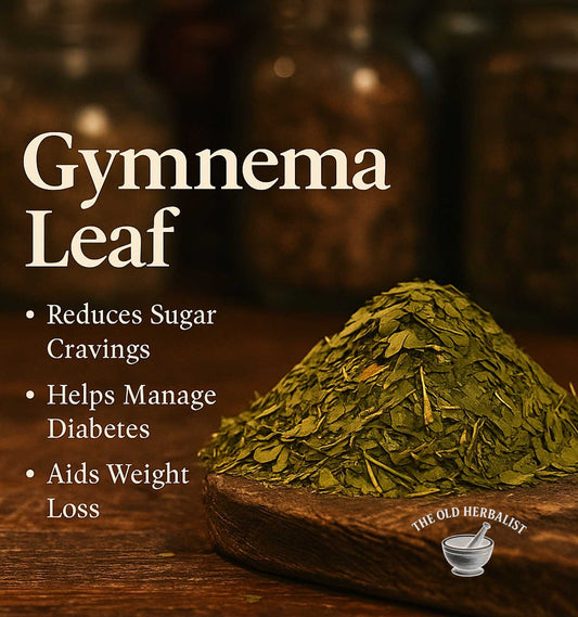 Gymnema leaf on a wooden surface with text about its health benefits and The Old Herbalist logo.