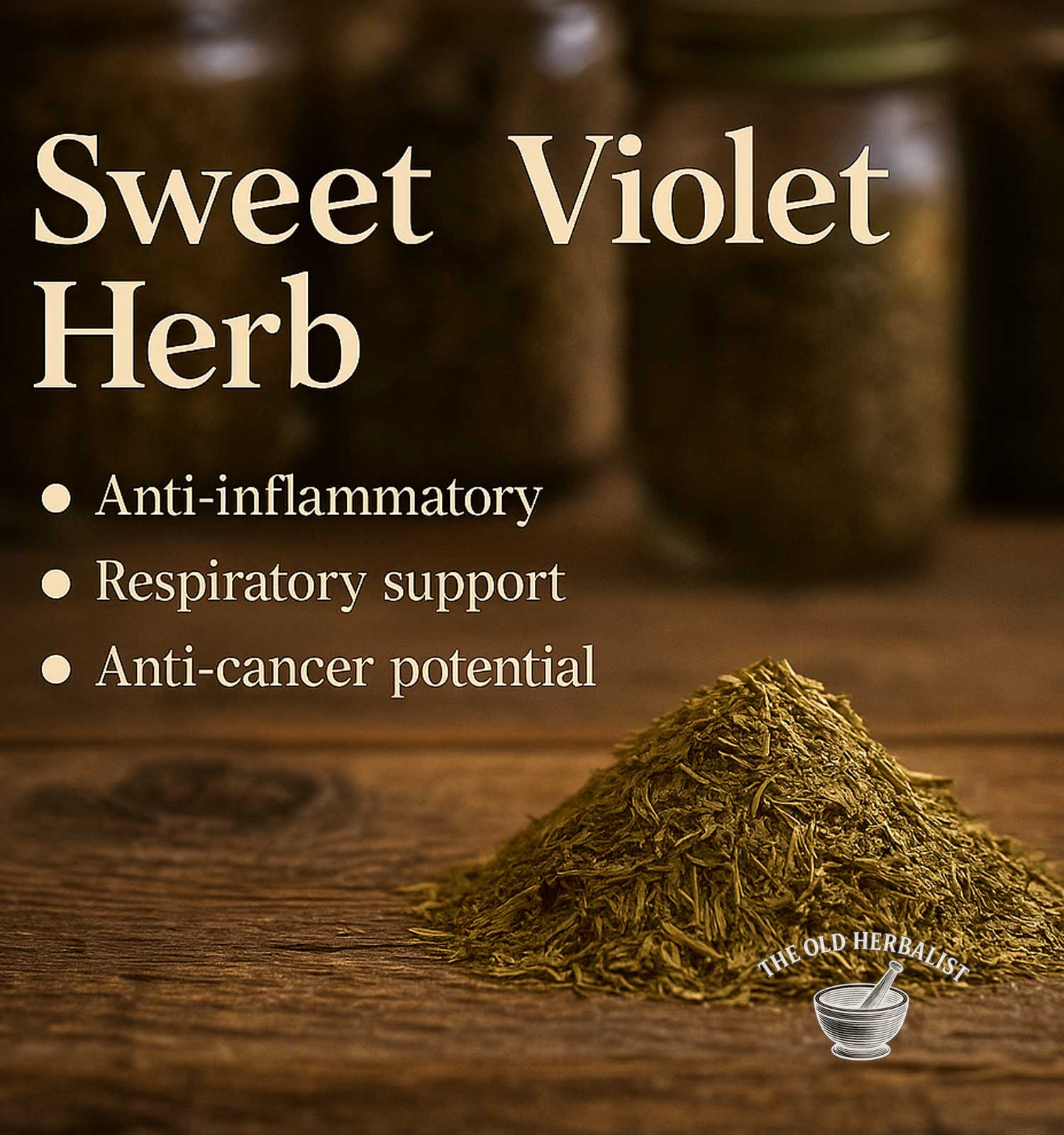 Sweet Violet Herb with its benefits on a wooden surface, featuring The Old Herbalist logo.