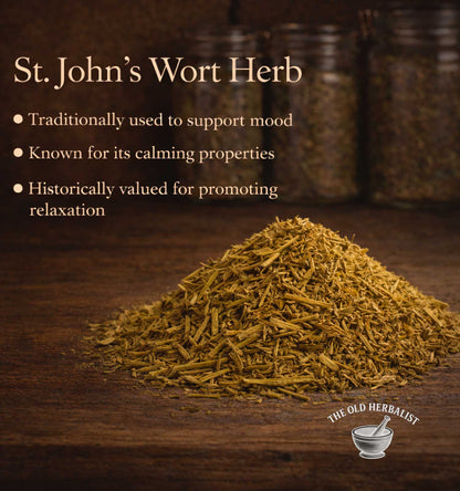 St. John's Wort herb on a wooden surface with text about its uses.