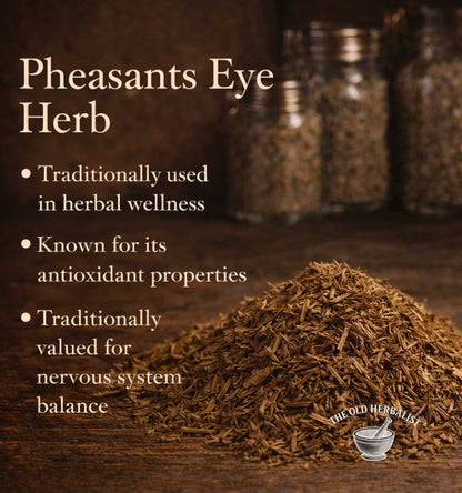 Pheasants Eye Herb with text about its uses on a wooden background