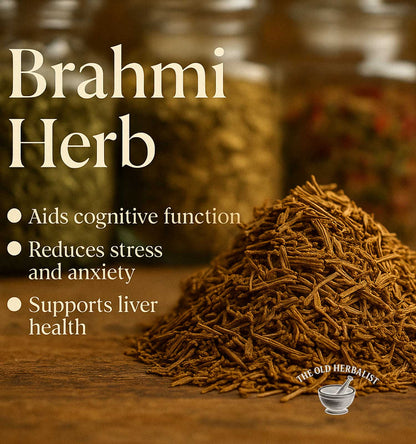 Brahmi herb with benefits listed on a wooden surface, featuring The Old Herbalist logo.