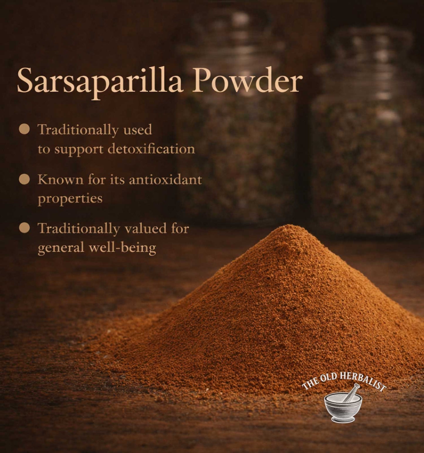 Finely ground sarsaparilla root powder for traditional herbal use.
