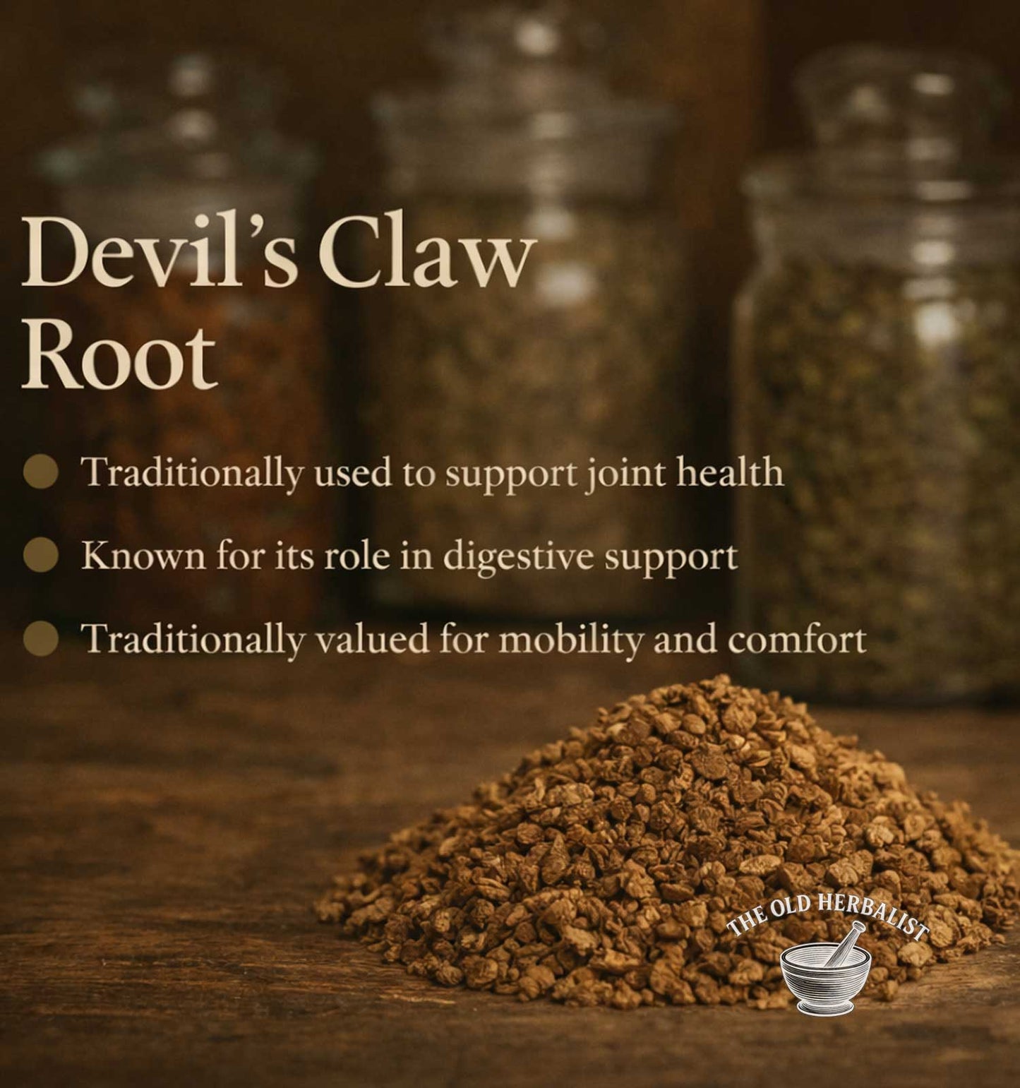 Devil's Claw Root with text on a wooden surface, featuring The Old Herbalist logo.
