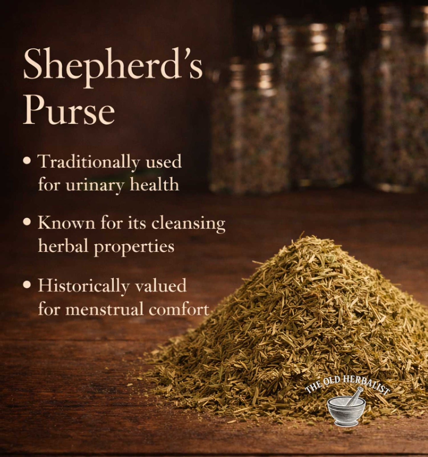 Herbal remedy with text about Shepherd's Purse on a wooden surface