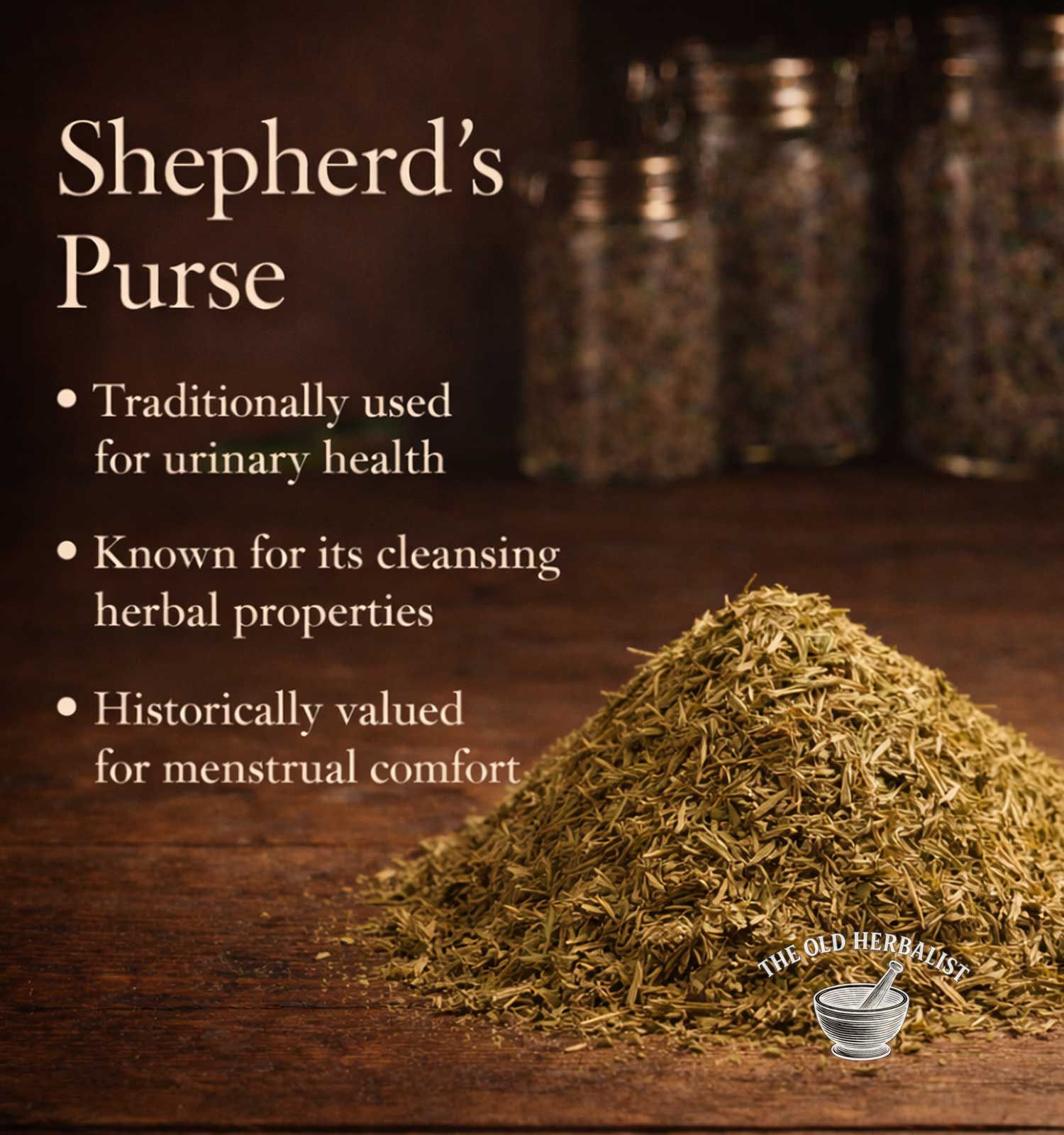 Herbal remedy with text about Shepherd's Purse on a wooden surface