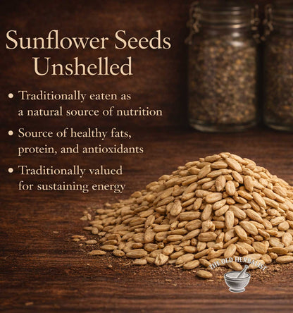 Sunflower seeds on a wooden surface with text about their nutritional value.