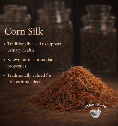 Corn silk with text about its traditional uses on a dark background, featuring 'The Old Herbalist' logo.
