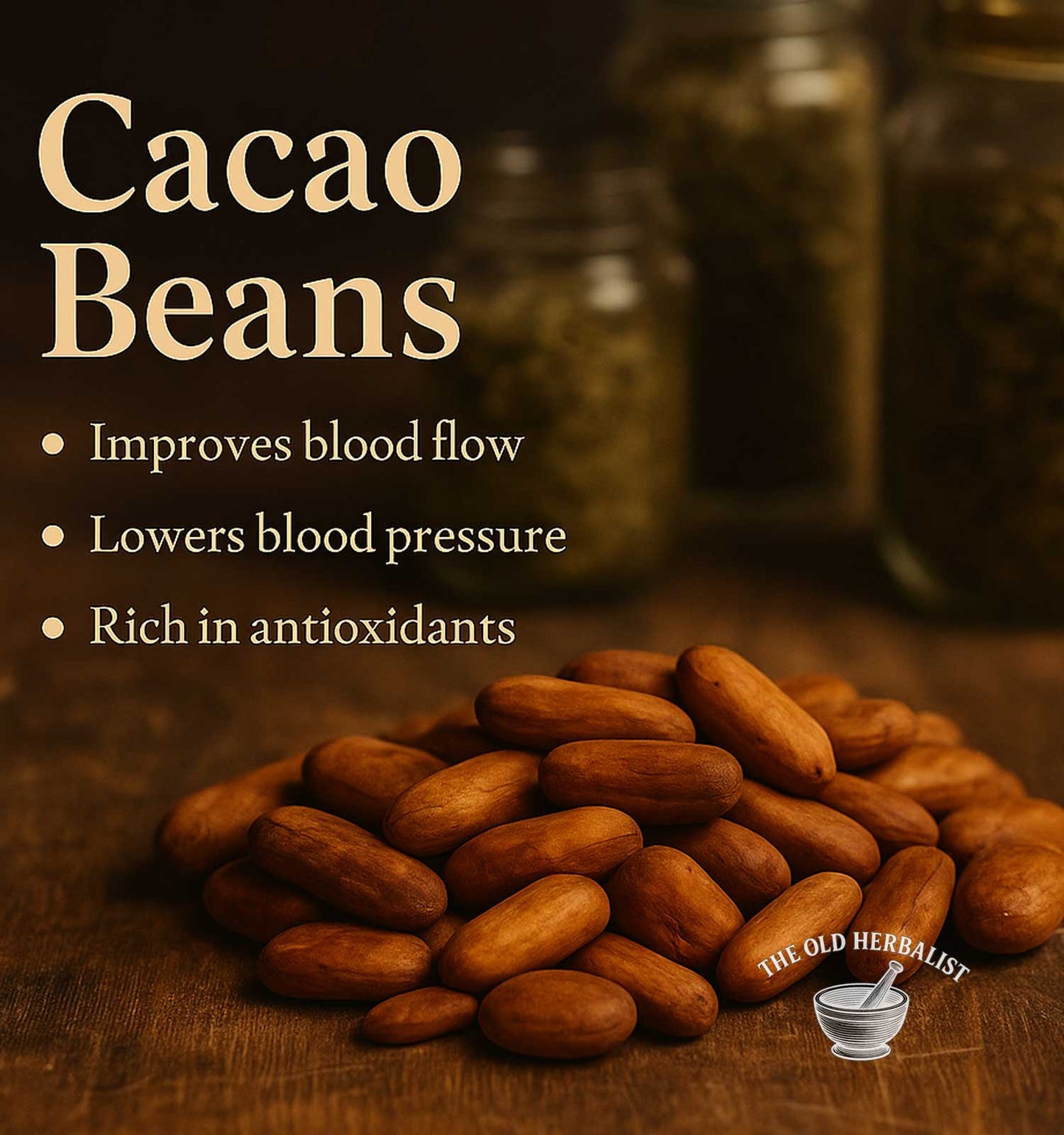Cacao beans on a wooden surface with text about their health benefits and branding.