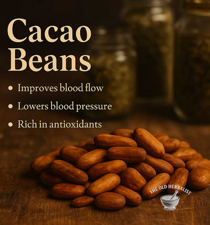 Cacao beans on a wooden surface with text about their health benefits and branding.