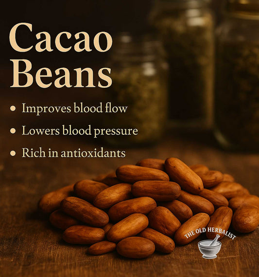 Cacao beans on a wooden surface with text about their health benefits and branding.
