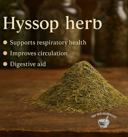 Hyssop herb with supporting text on a wooden surface, featuring The Old Herbalist logo.