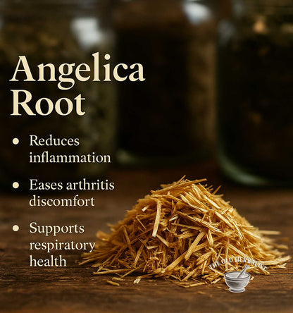 Angelica root with health benefits text on a wooden surface