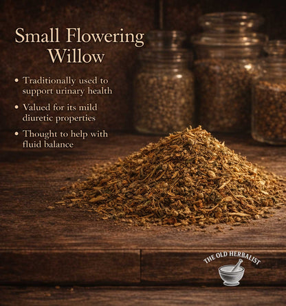 Heap of small flowering willow on a wooden surface with text about its uses and 'The Old Herbalist' branding.