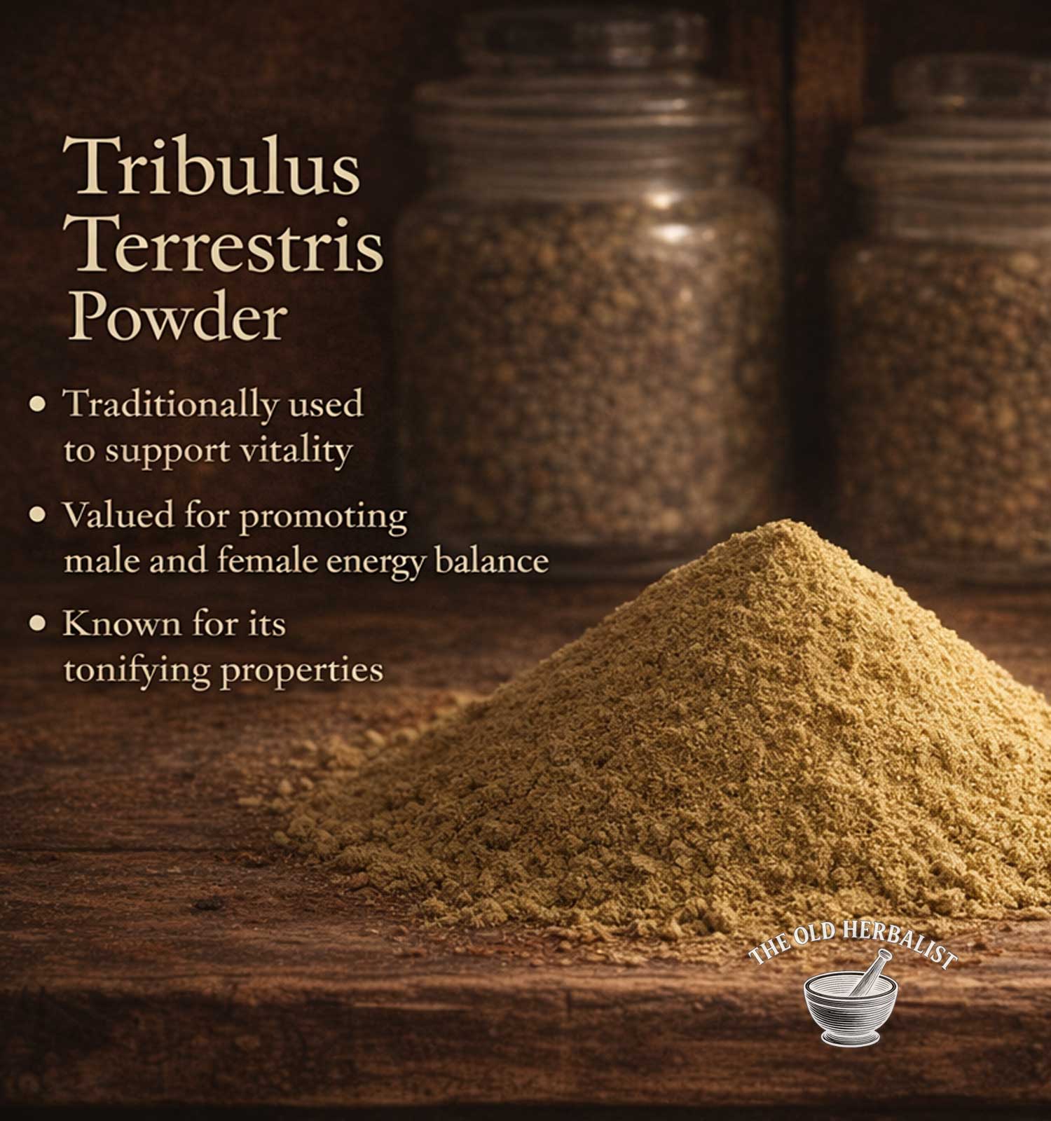 Tribulus Terrestris powder on a wooden surface with text about its uses.