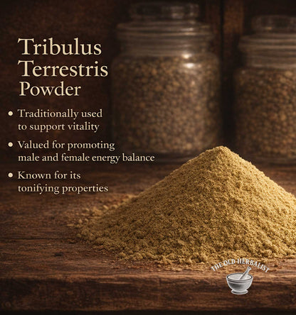 Tribulus Terrestris powder on a wooden surface with text about its uses.