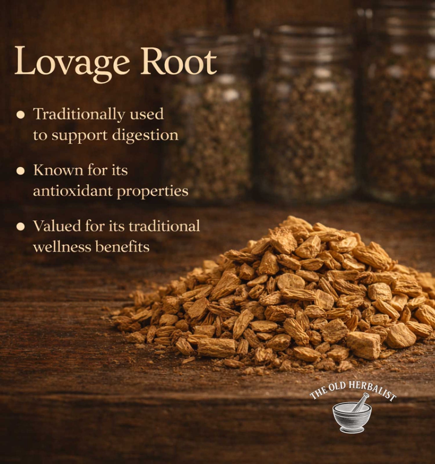 Pile of lovage root with text about its uses on a wooden surface, featuring jars in the background.