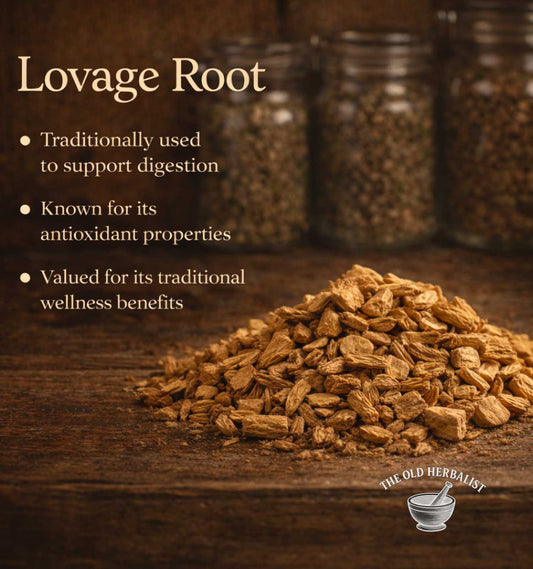 Pile of lovage root with text about its uses on a wooden surface, featuring jars in the background.
