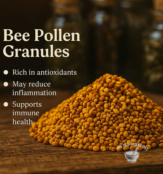 Bee pollen granules with health benefits text on a wooden surface