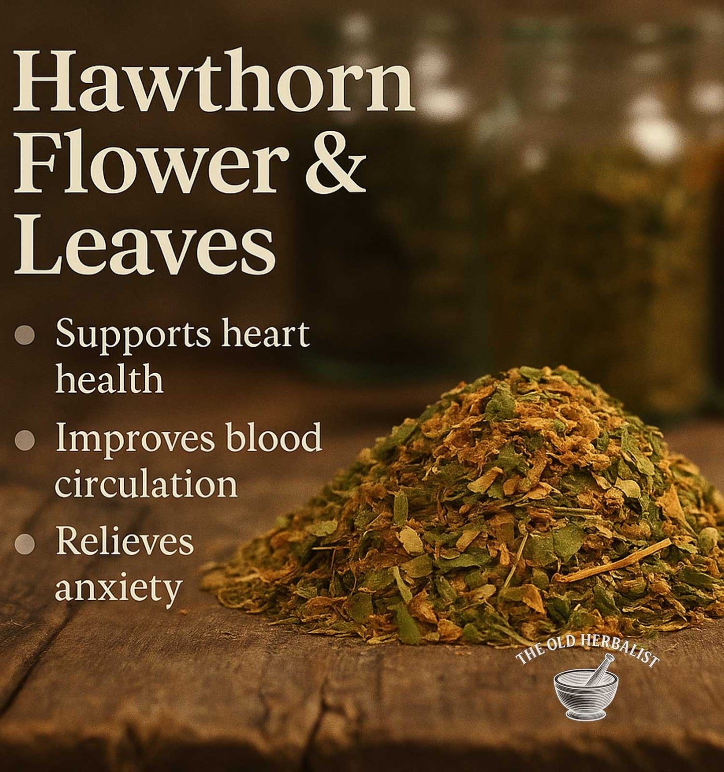 Hawthorn flower and leaves on a wooden surface with text about health benefits and branding.