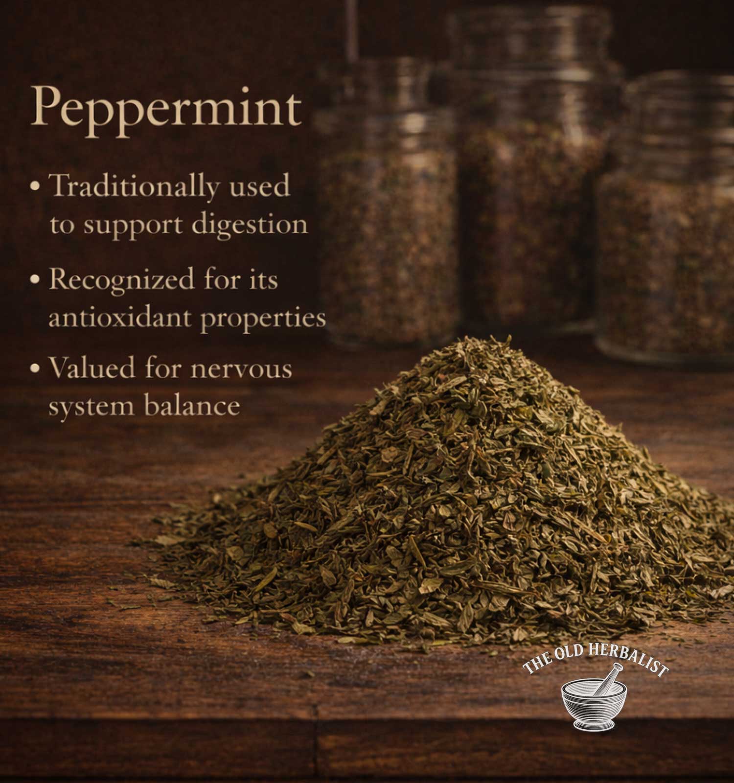 Heap of peppermint leaves on a wooden surface with text about peppermint's uses.