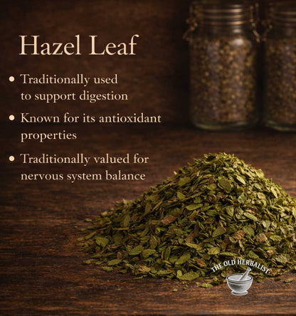 Hazel leaf on a wooden surface with text about its uses and The Old Herbalist logo.