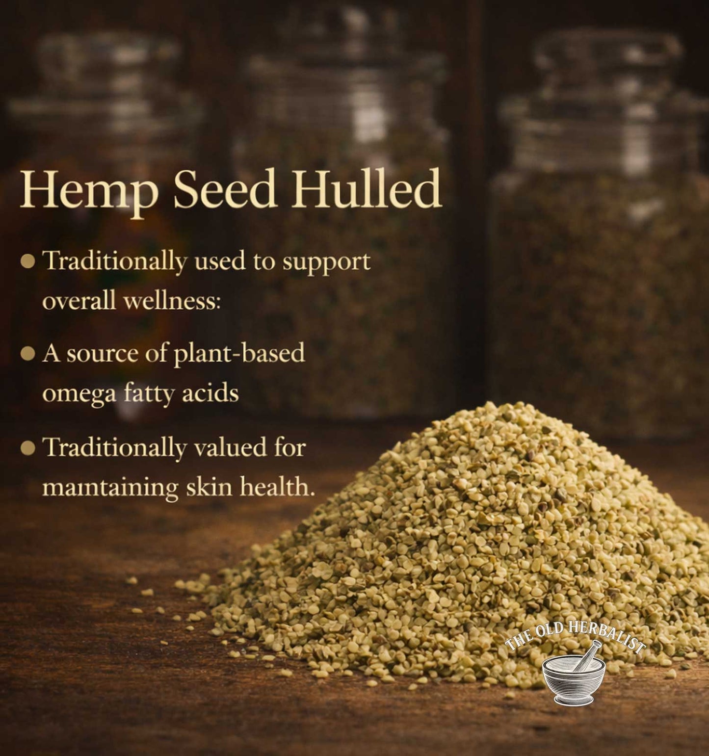 Hulled hemp seeds with text about their wellness benefits on a wooden surface.
