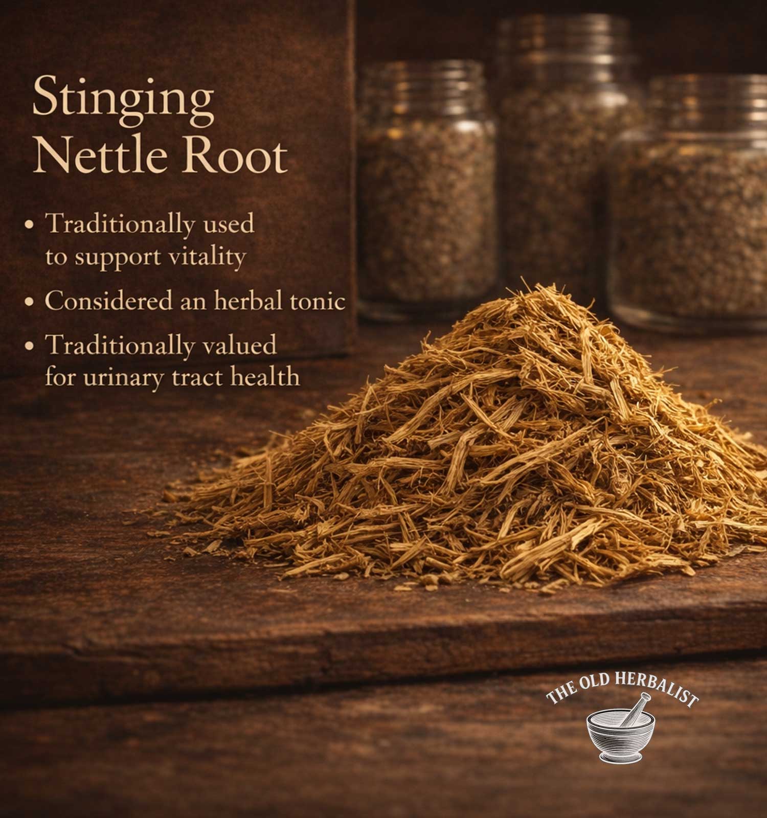 Stinging Nettle Root on a wooden surface with text about its uses and The Old Herbalist branding.