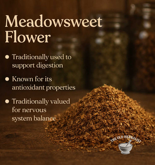 Meadowsweet flower with text about its uses on a wooden background