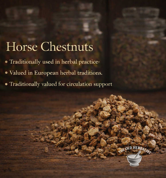 Horse chestnuts on a wooden surface with text about their use in herbal practice.
