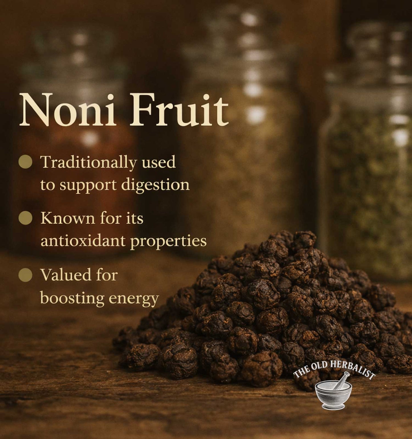 Noni fruit with text about its uses on a wooden surface, featuring jars in the background.