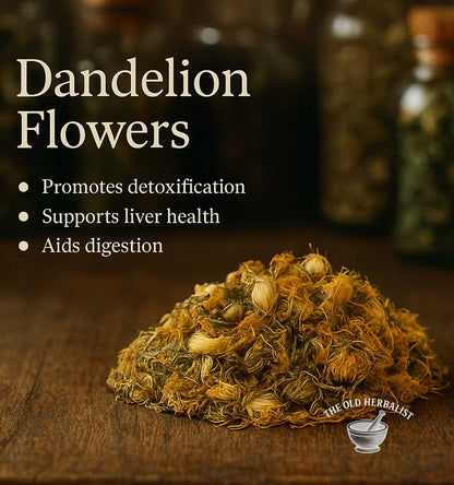 Dried dandelion flowers on a wooden surface with text about their health benefits.