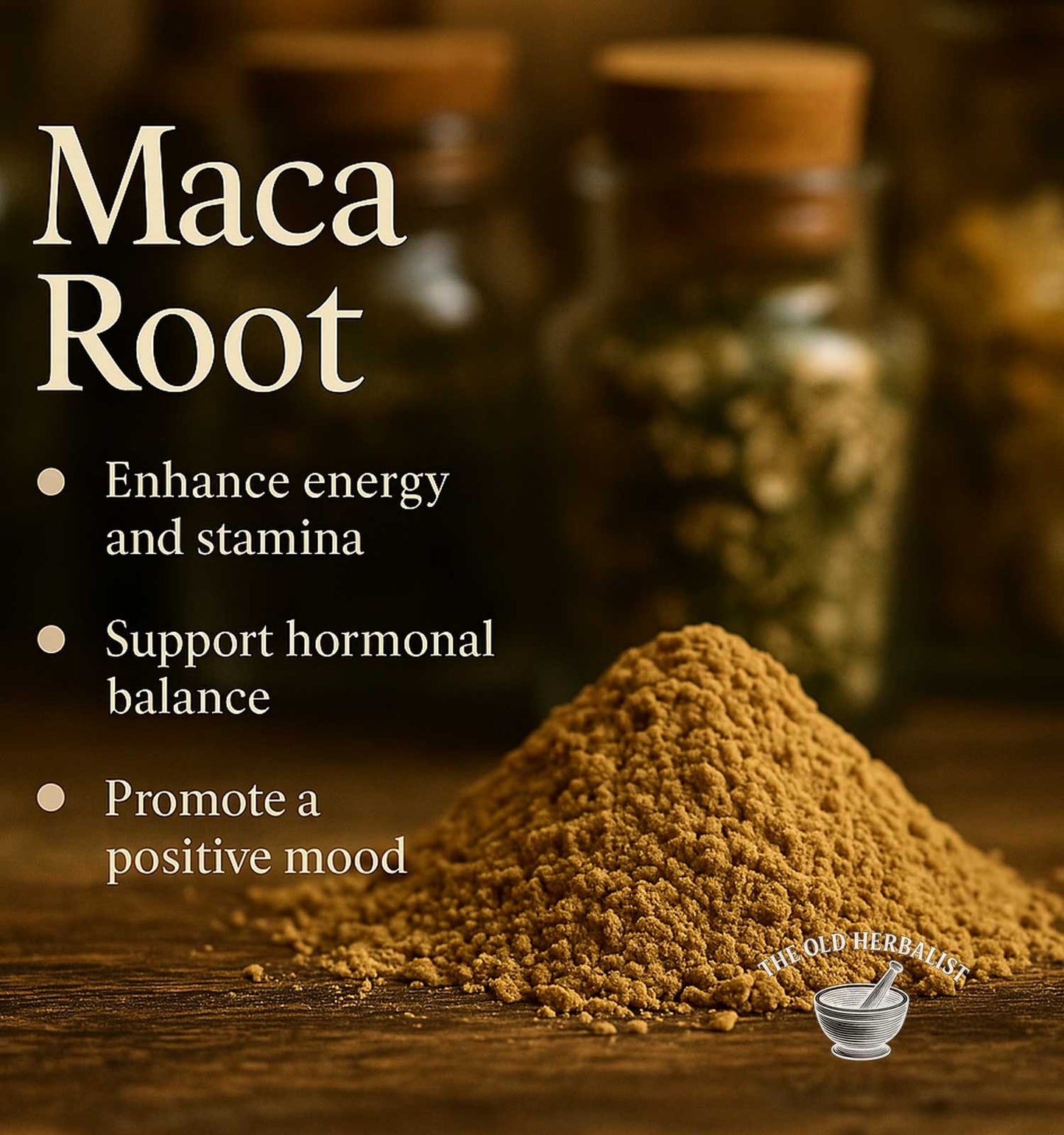 Maca root powder with benefits listed on a wooden surface, blurred jars in the background.
