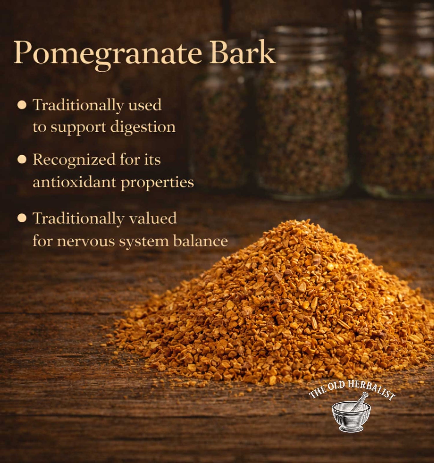 Pomegranate bark on a wooden surface with text about its uses and The Old Herbalist branding.