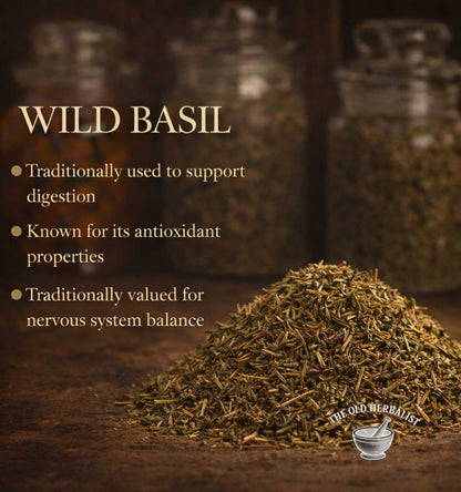 Wild basil with text about its uses and The Old Herbalist logo.