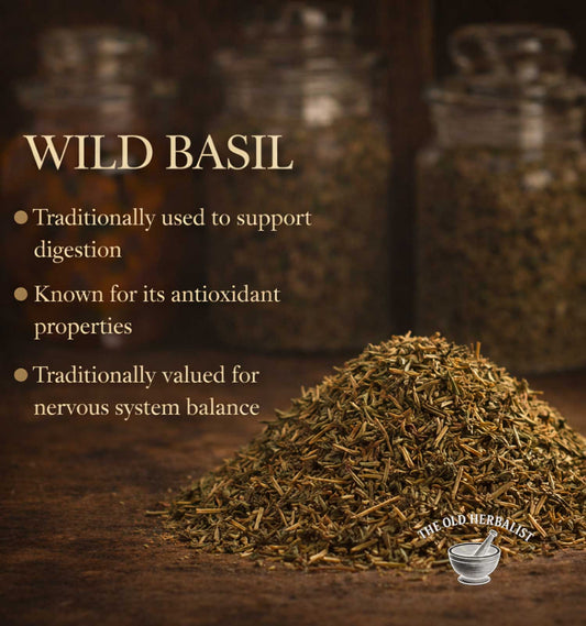 Wild basil with text about its uses and The Old Herbalist logo.