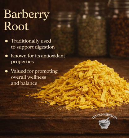 Barberry root on a wooden surface with text about its uses and The Old Herbalist branding.
