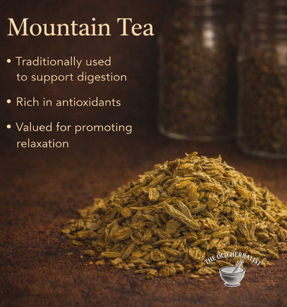 Heap of mountain tea leaves with text about its benefits on a dark background, featuring 'The Old Herbalist' logo.