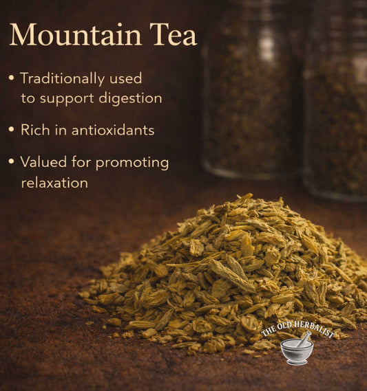 Heap of mountain tea leaves with text about its benefits on a dark background, featuring 'The Old Herbalist' logo.