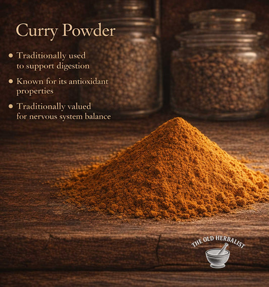 Curry powder with jars in the background on a wooden surface, featuring text about its uses.