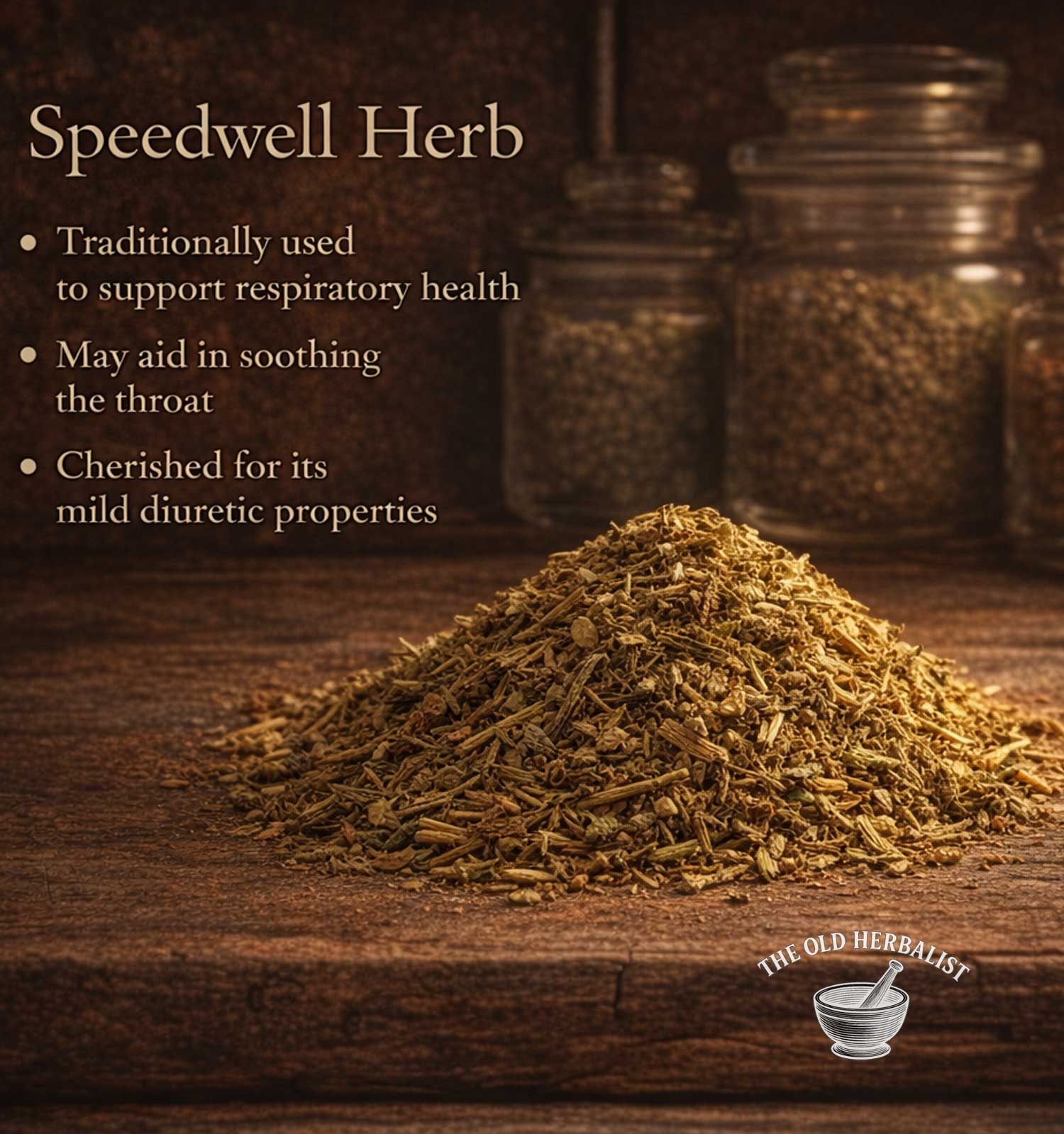 Speedwell herb on a wooden surface with text about its uses and The Old Herbalist logo.