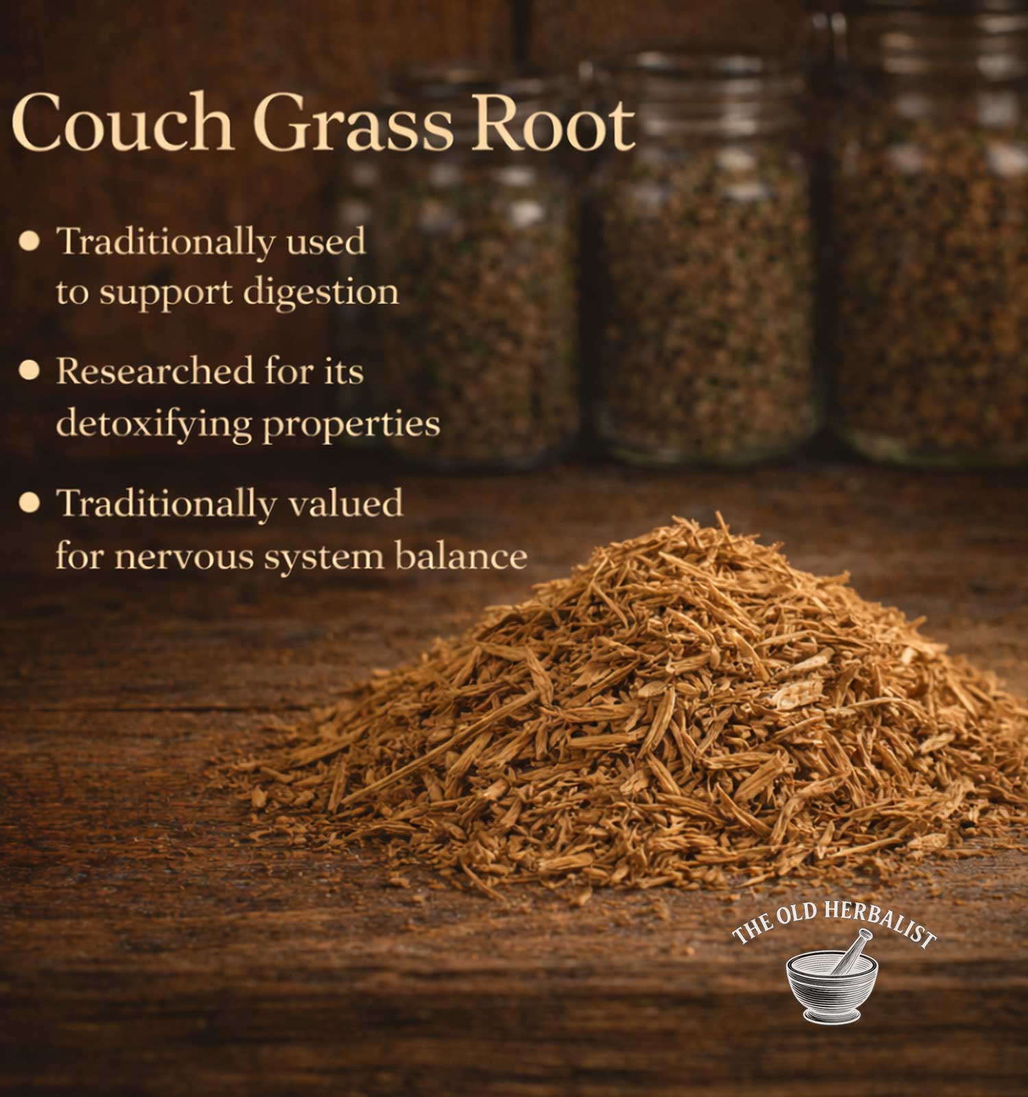 Couch grass root on a wooden surface with text about its uses and The Old Herbalist logo.