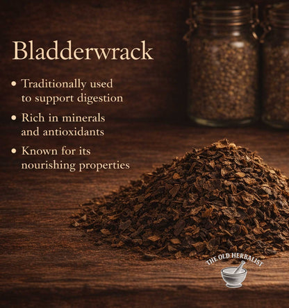 Bladderwrack on a wooden surface with text about its uses and benefits, branded as 'The Old Herbalist'.