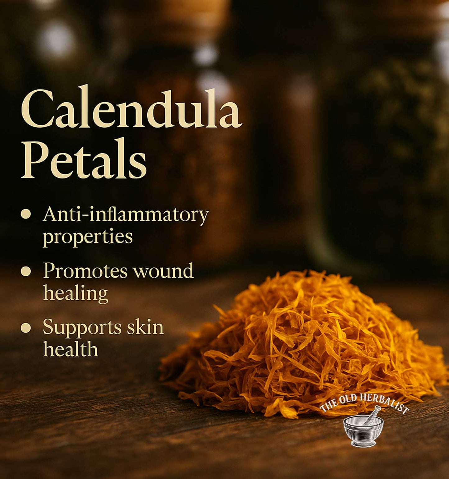 Calendula petals with text about their properties on a wooden surface, featuring the Old Herbary logo.