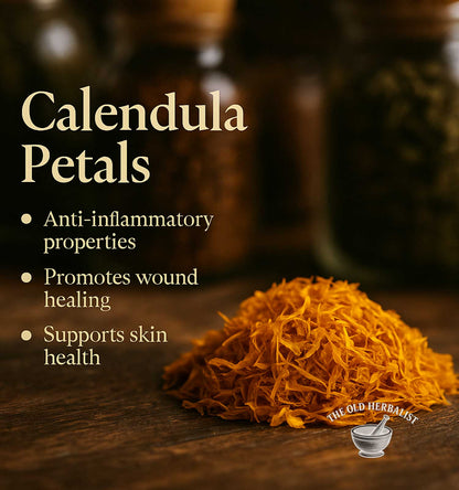 Calendula petals with text about their properties on a wooden surface, featuring the Old Herbary logo.