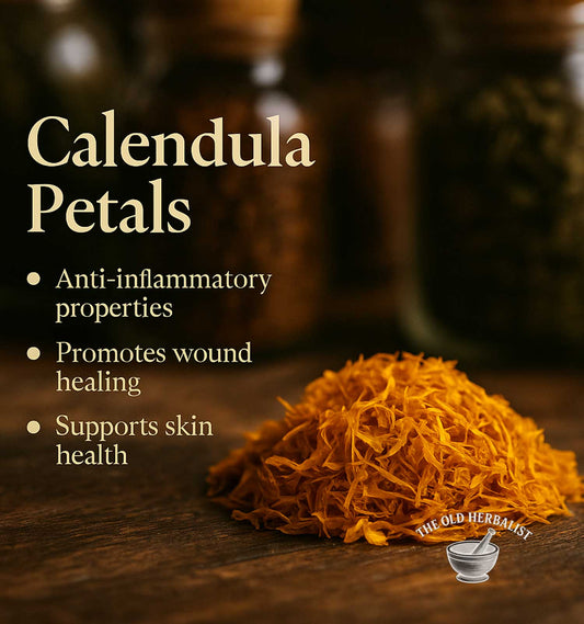 Calendula petals with text about their properties on a wooden surface, featuring the Old Herbary logo.