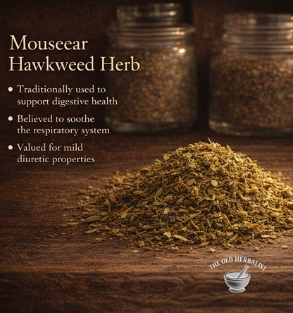 Dried Mouseear Hawkweed Herb on a wooden surface with text about its uses.